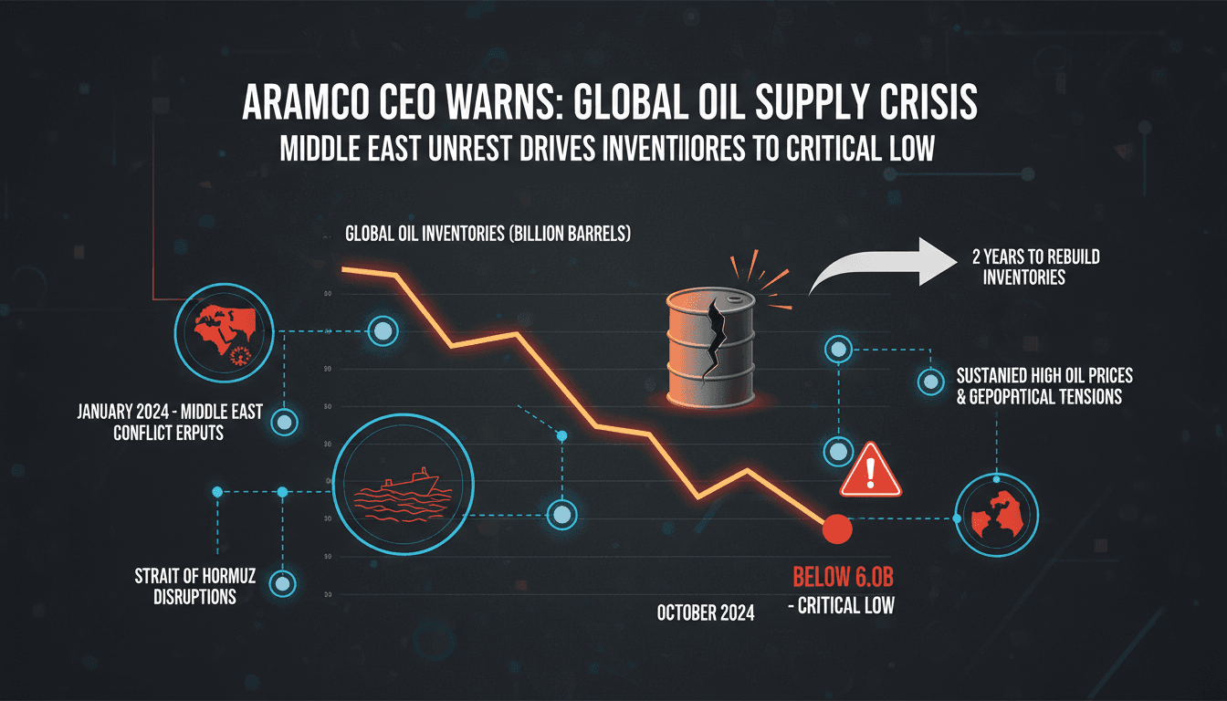 Infographic showing the decline in global oil inventories and its impact on prices and supply.