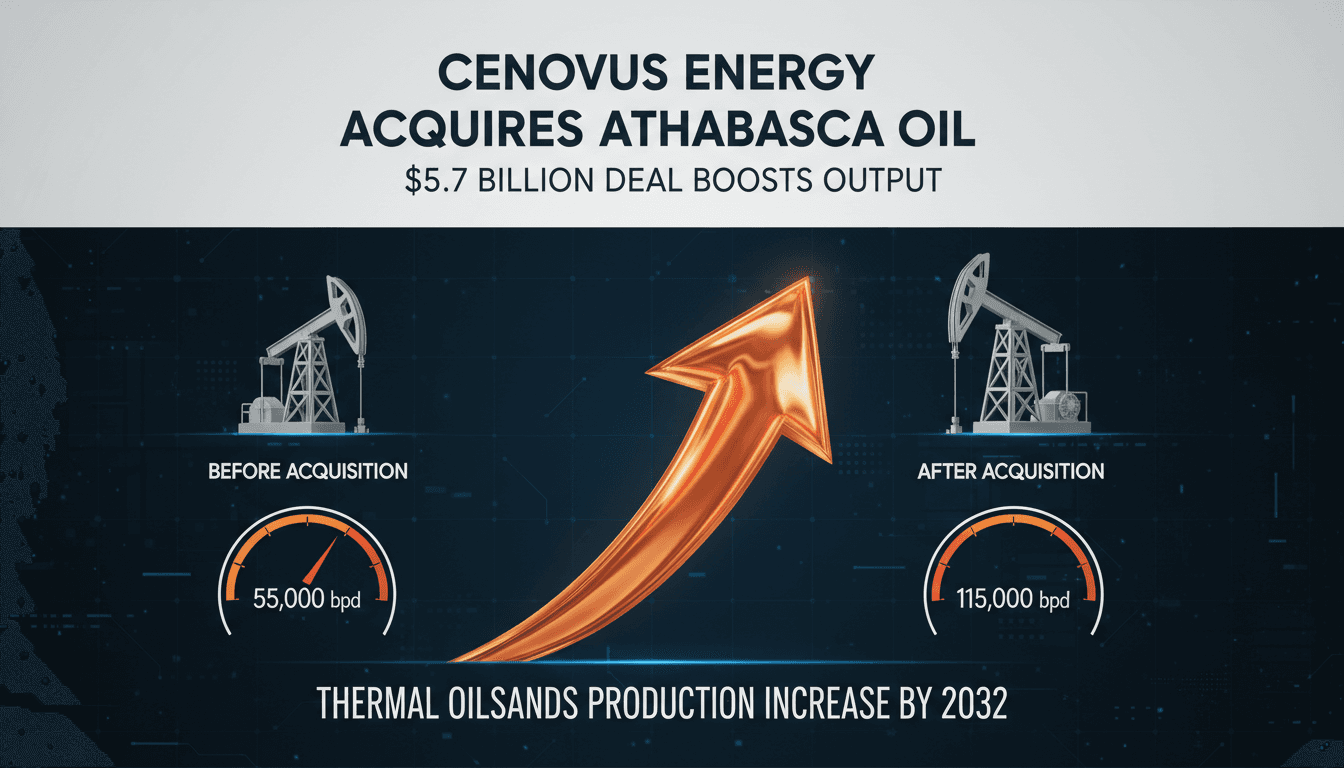 Infographic illustrating Cenovus Energy's acquisition of Athabasca Oil and projected production growth.
