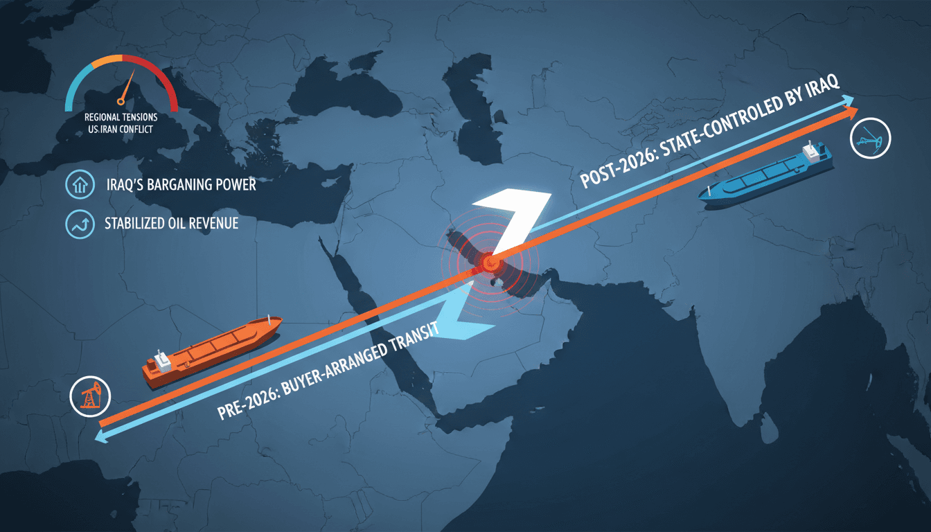Infographic showing Iraq's state-controlled oil transit through the Strait of Hormuz and its impact on global markets.