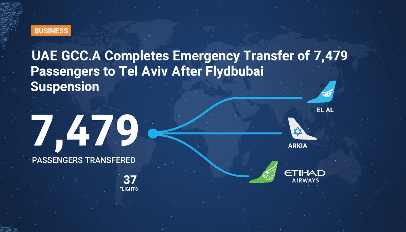 Infographic showing the transfer of 7,479 passengers from Dubai to Tel Aviv by UAE GCAA after flydubai's suspension.