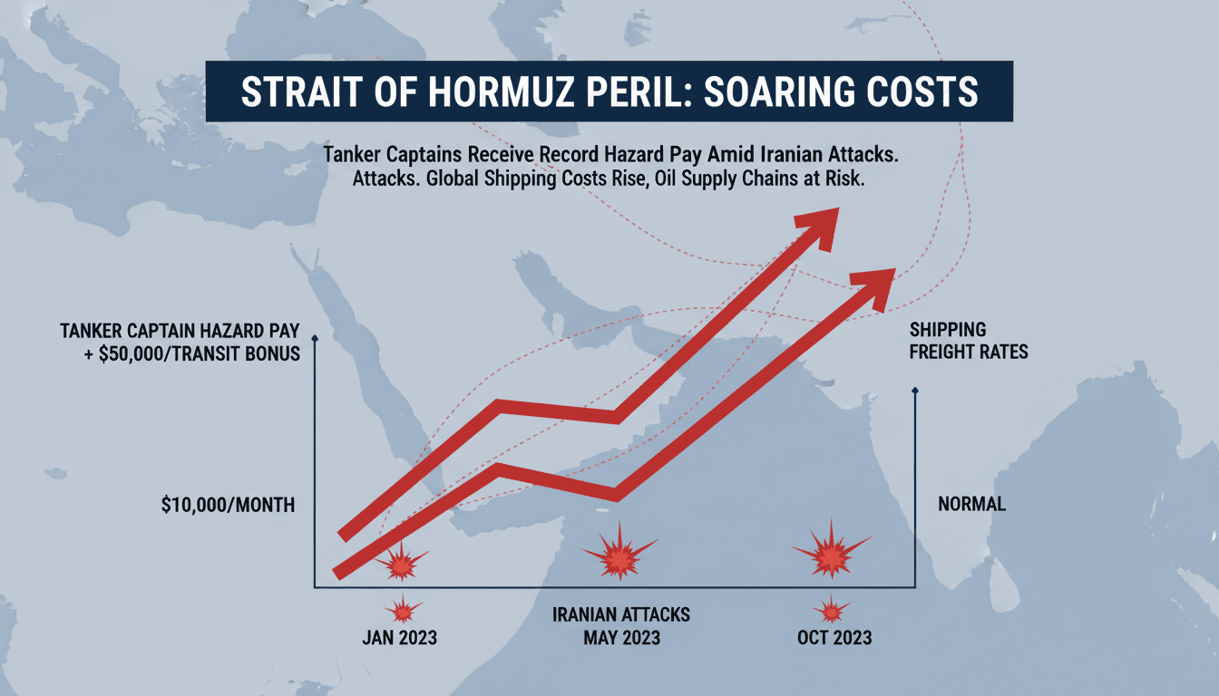 Infographic showing the increase in tanker captain salaries and freight rates due to risks in the Strait of Hormuz.