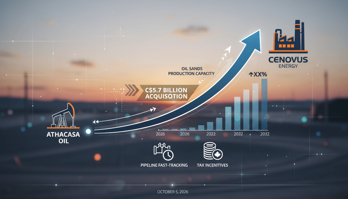 Infographic showing Cenovus Energy's projected oil production increase after acquiring Athabasca Oil.