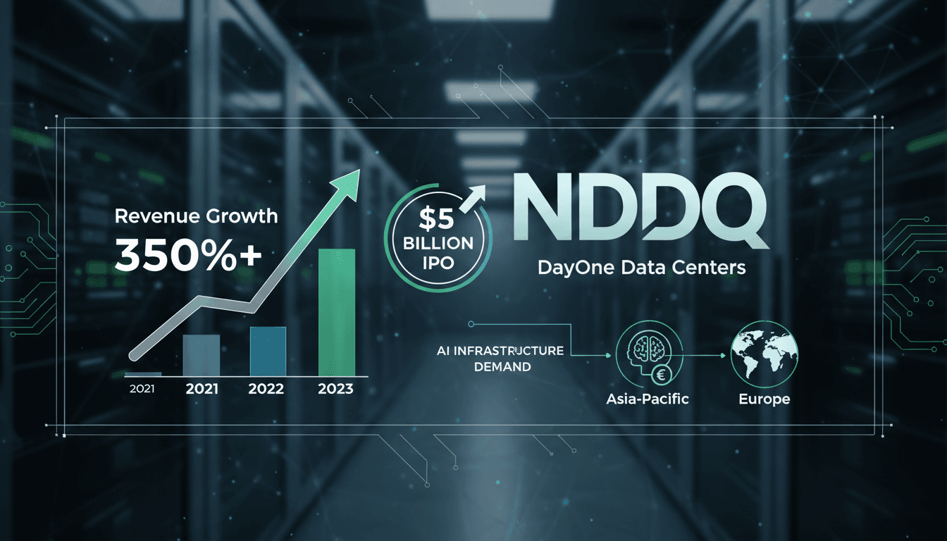 Infographic illustrating DayOne Data Centers' revenue growth and IPO plans in the context of rising AI demand.