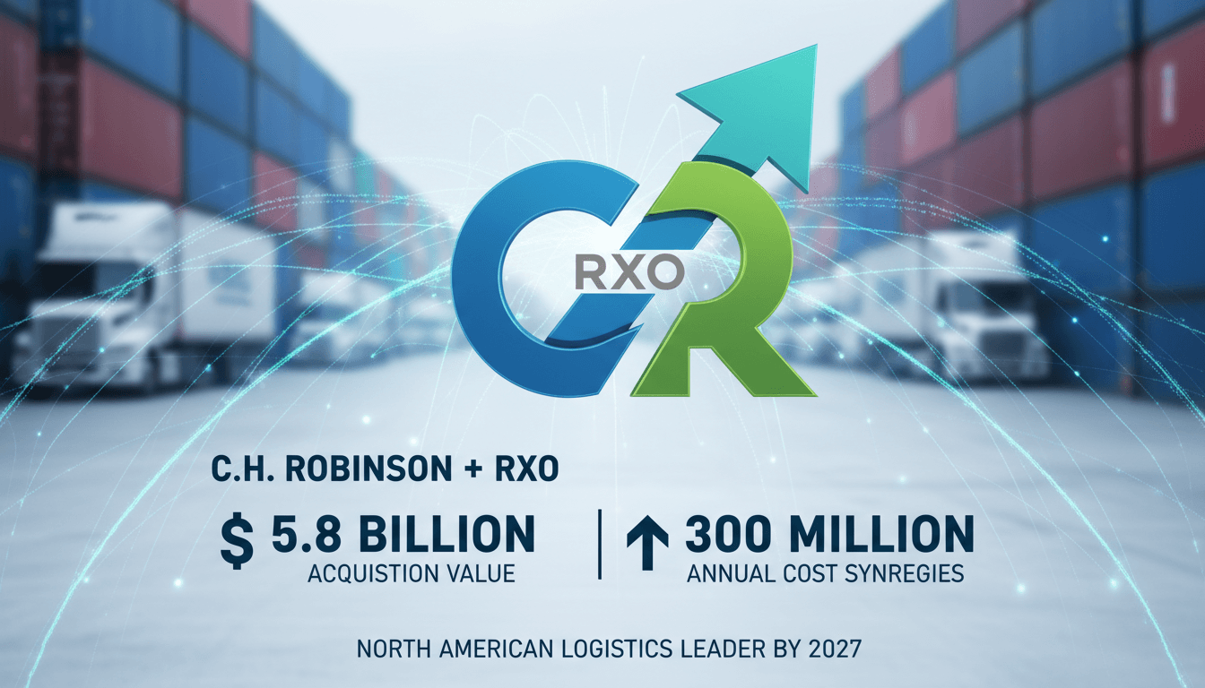 A visual representation of C.H. Robinson's $5.8 billion acquisition of RXO, highlighting financial figures and projected synergies.