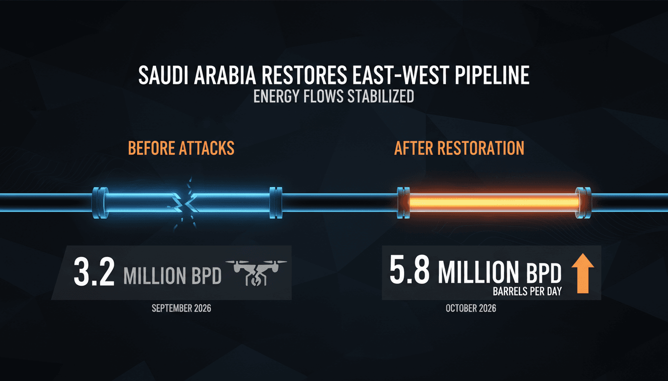 Infographic showing the East-West pipeline's restored flow rate of 5.8 million bpd and its significance for global oil supply.