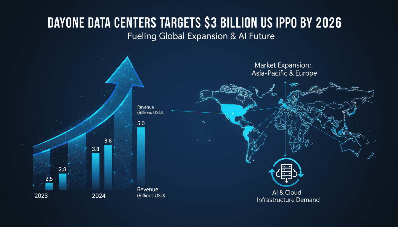 Infographic illustrating DayOne Data Centers' revenue growth and IPO plans.