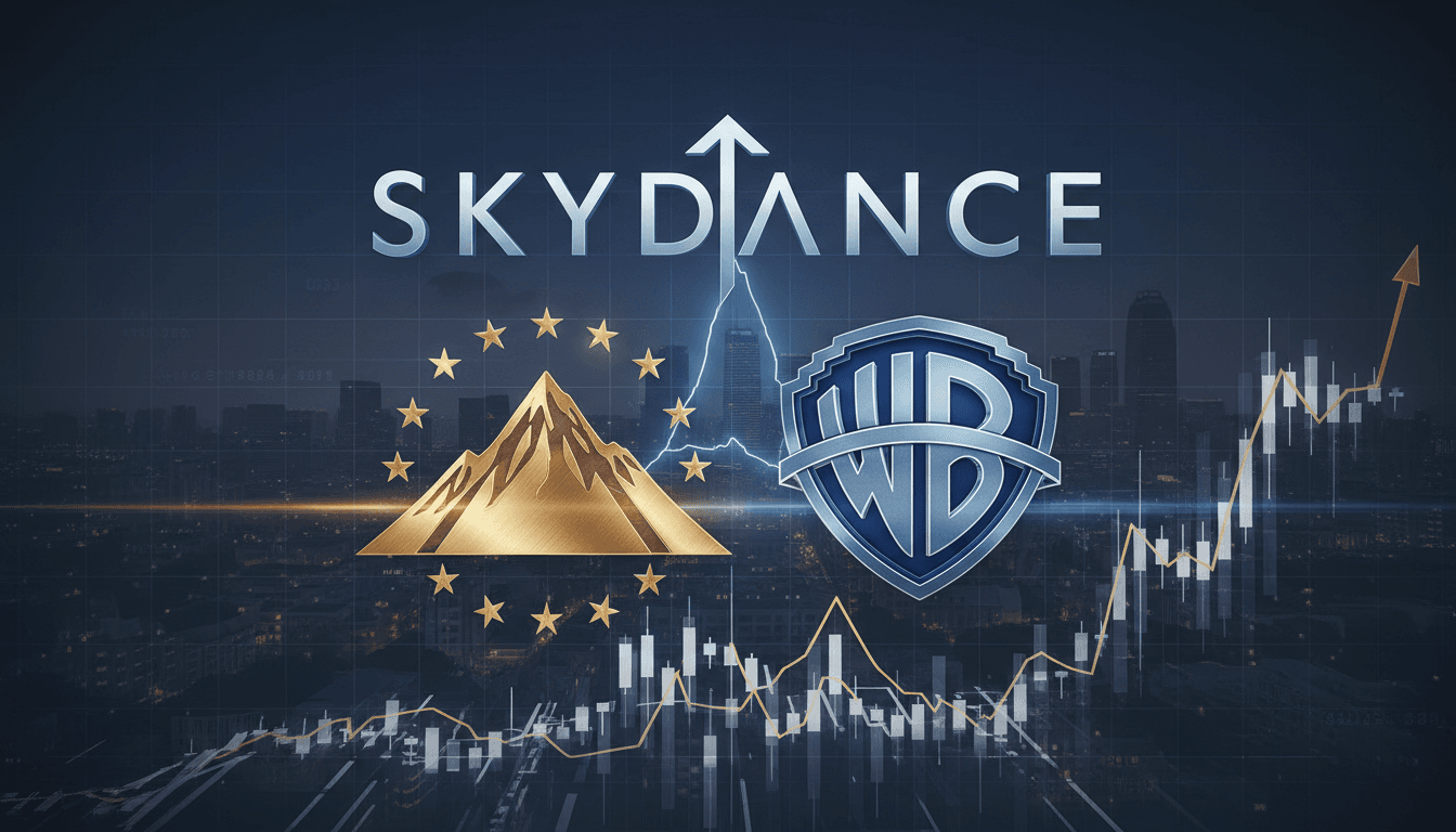 A visual representation of the Skydance merger, featuring logos of Paramount and Warner Bros. Discovery against a financial backdrop.