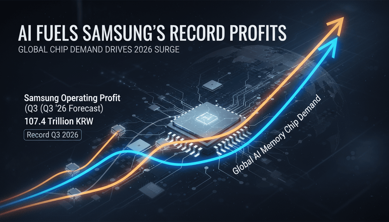 Infographic showing Samsung's record Q3 profit and the impact of AI memory chip demand on the semiconductor market.