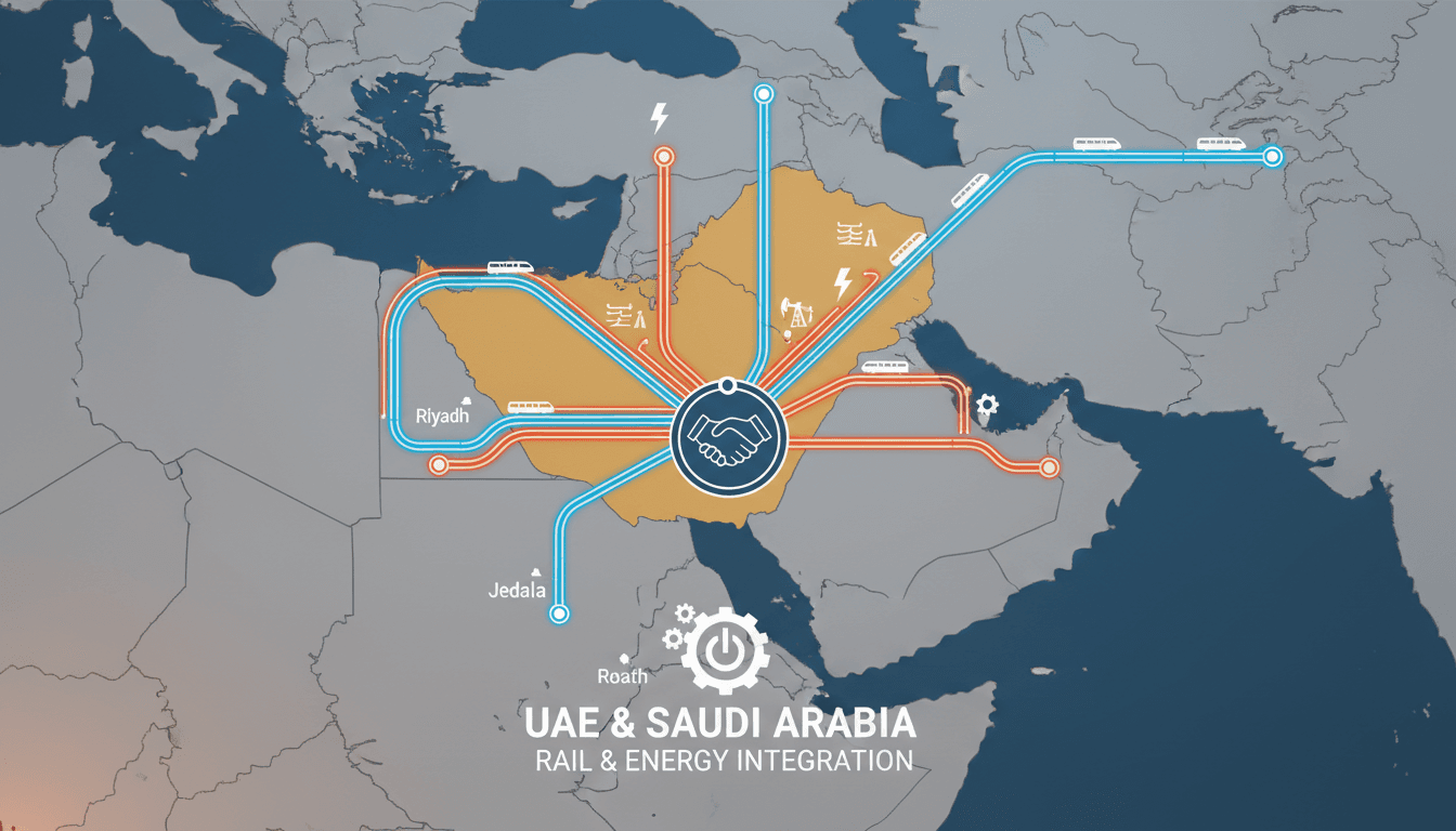 Infographic showing rail connectivity and energy integration between UAE and Saudi Arabia.