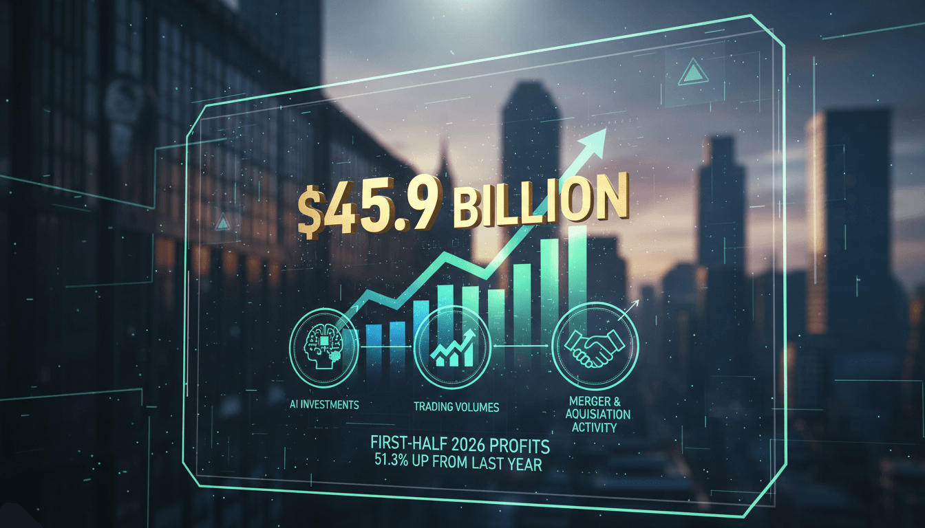 A graphic illustrating Wall Street's $45.9 billion profits in 2026, highlighting AI investments and trading activity.