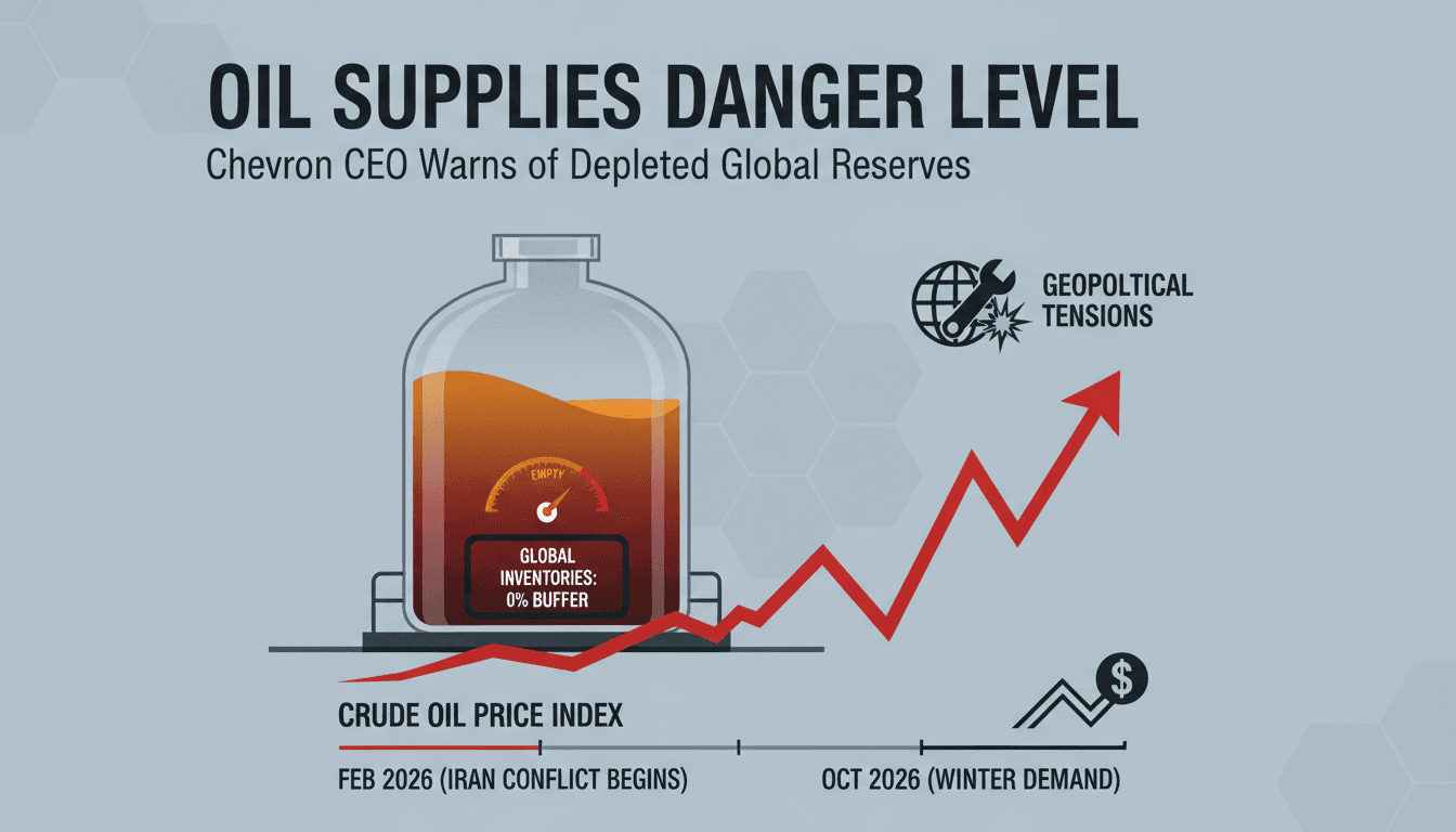 Infographic showing Chevron CEO Mike Wirth's warning about depleted global oil inventories and rising prices.