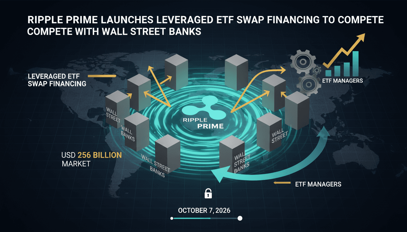 Infographic showing Ripple Prime's entry into leveraged ETF financing and its impact on traditional banks.
