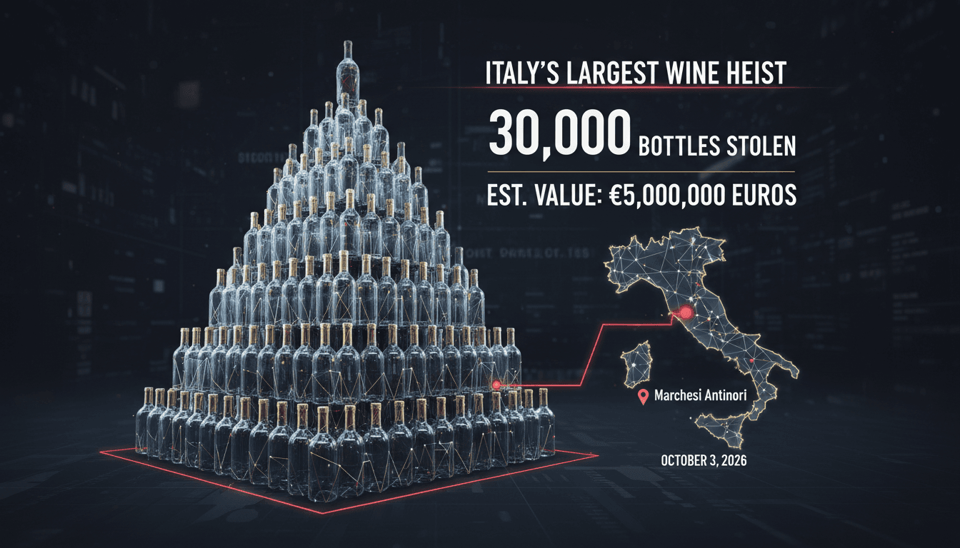 Infographic detailing the theft of 30,000 bottles of wine from Marchesi Antinori's warehouse in Tuscany.
