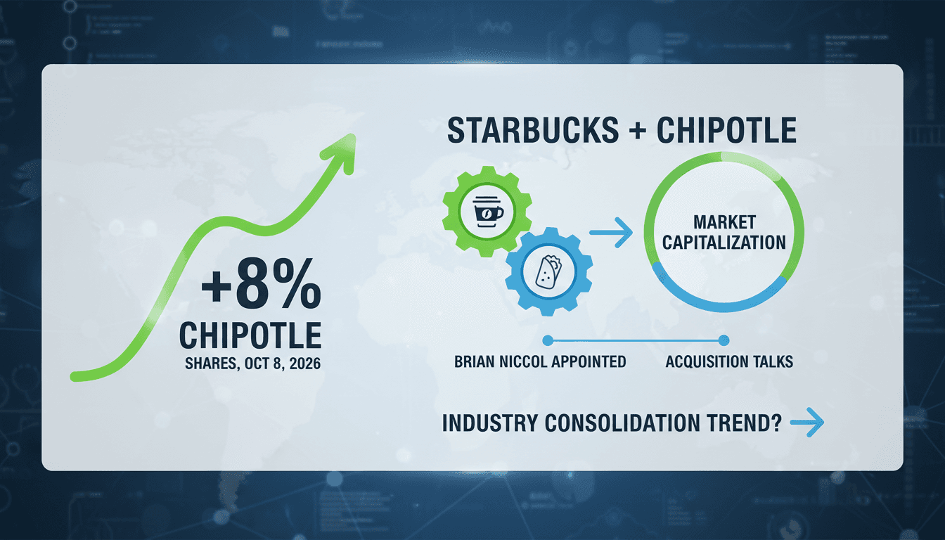 Infographic showing potential market impact of Starbucks' takeover of Chipotle, including stock movements and market capitalization.
