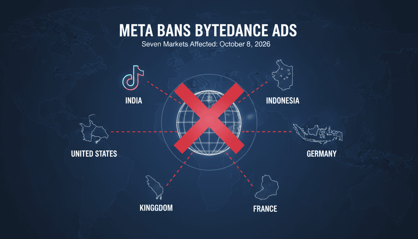 Infographic showing the seven countries affected by Meta's advertising ban on ByteDance.