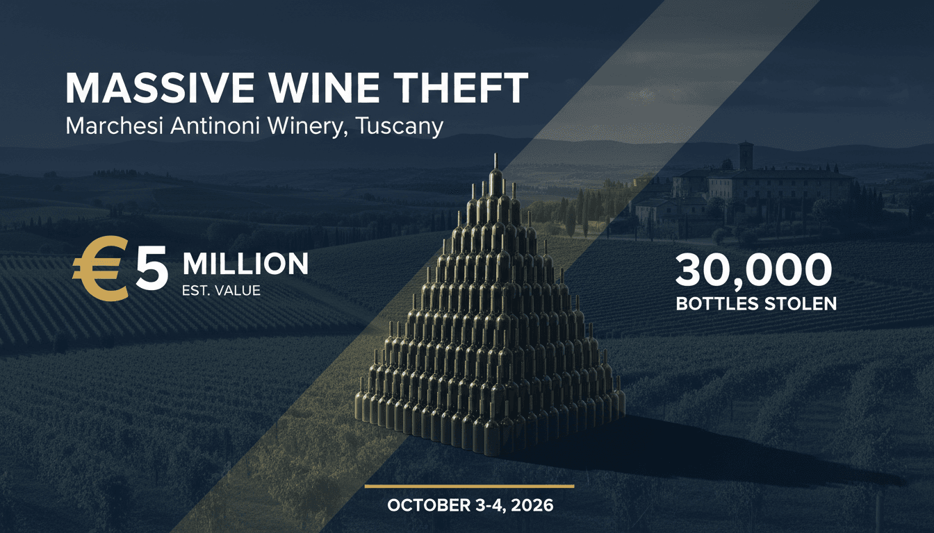 Infographic detailing the Marchesi Antinori winery theft, highlighting stolen bottles and their value.