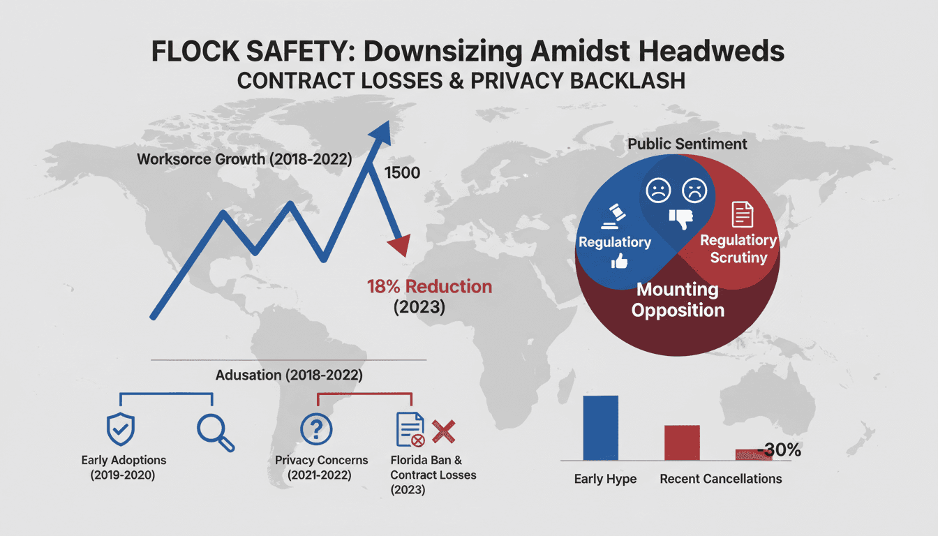 Infographic showing Flock Safety's workforce reduction and contract cancellations amid privacy concerns.