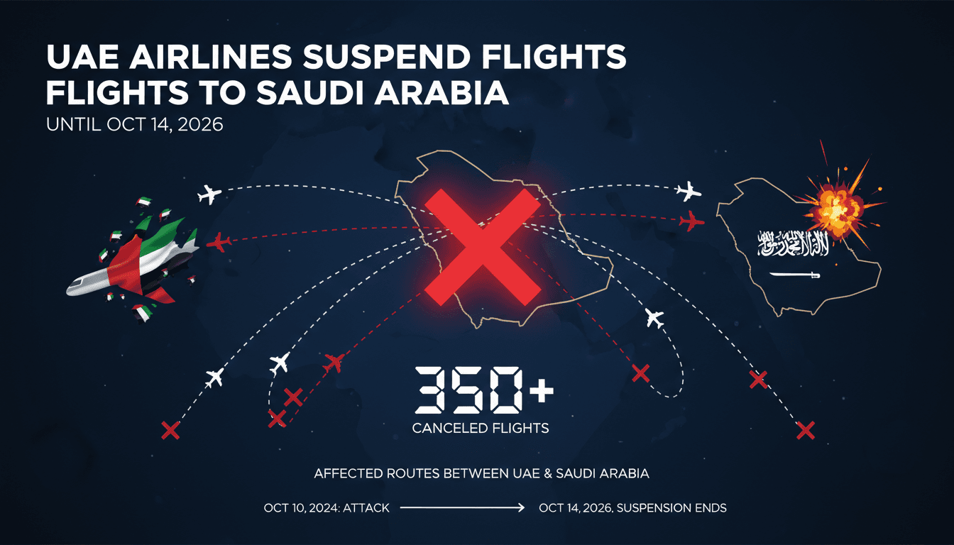 Infographic showing canceled flights between UAE and Saudi Arabia due to the Riyadh airport attack.