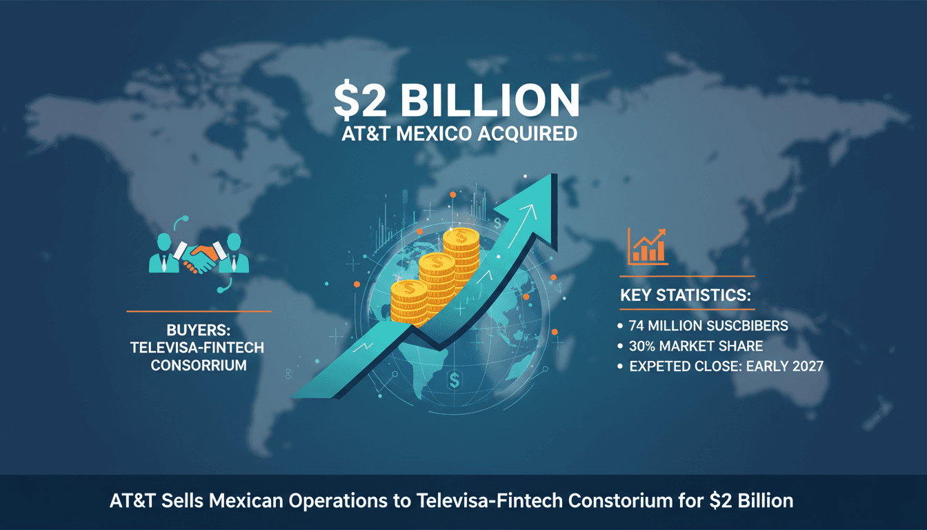 Infographic detailing AT&T's $2 billion sale of its Mexico operations, highlighting subscriber numbers and market impact.