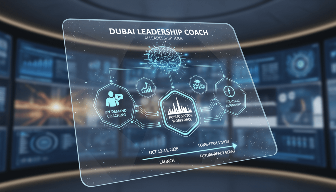 An infographic showcasing the features of Dubai's AI Leadership Coach initiative for government employees.