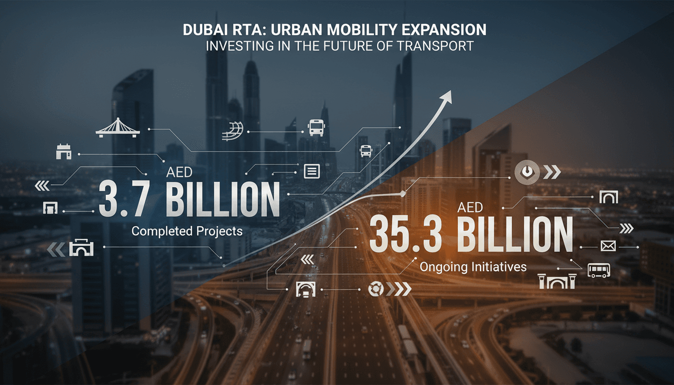 Infographic showing Dubai's AED 3.7 billion transport projects and AED 35.3 billion ongoing initiatives.