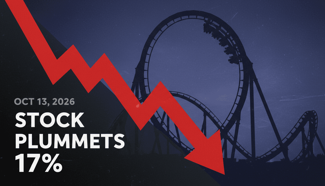 A graphic showing Six Flags stock price drop after a fatal roller coaster incident, with a roller coaster silhouette.
