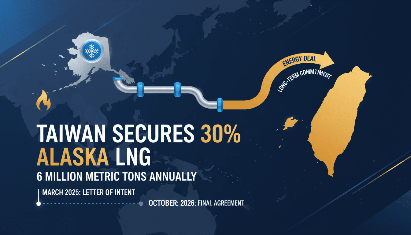 Infographic illustrating Trump's announcement of Taiwan's LNG purchase from Alaska, highlighting key figures and project details.
