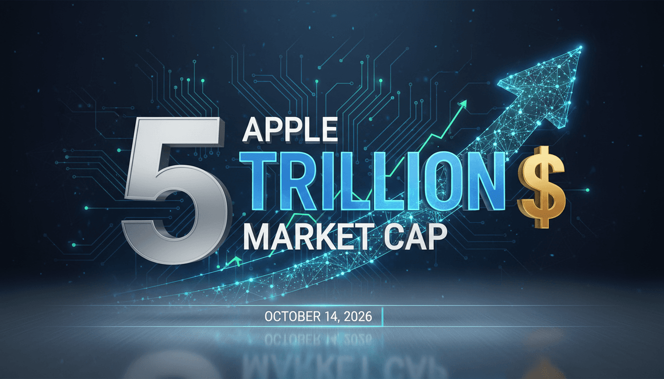 A visual representation of Apple's $5 trillion market capitalization milestone with a tech-themed design.