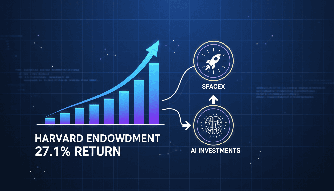 Harvard University endowment growth chart highlighting SpaceX and AI investments.