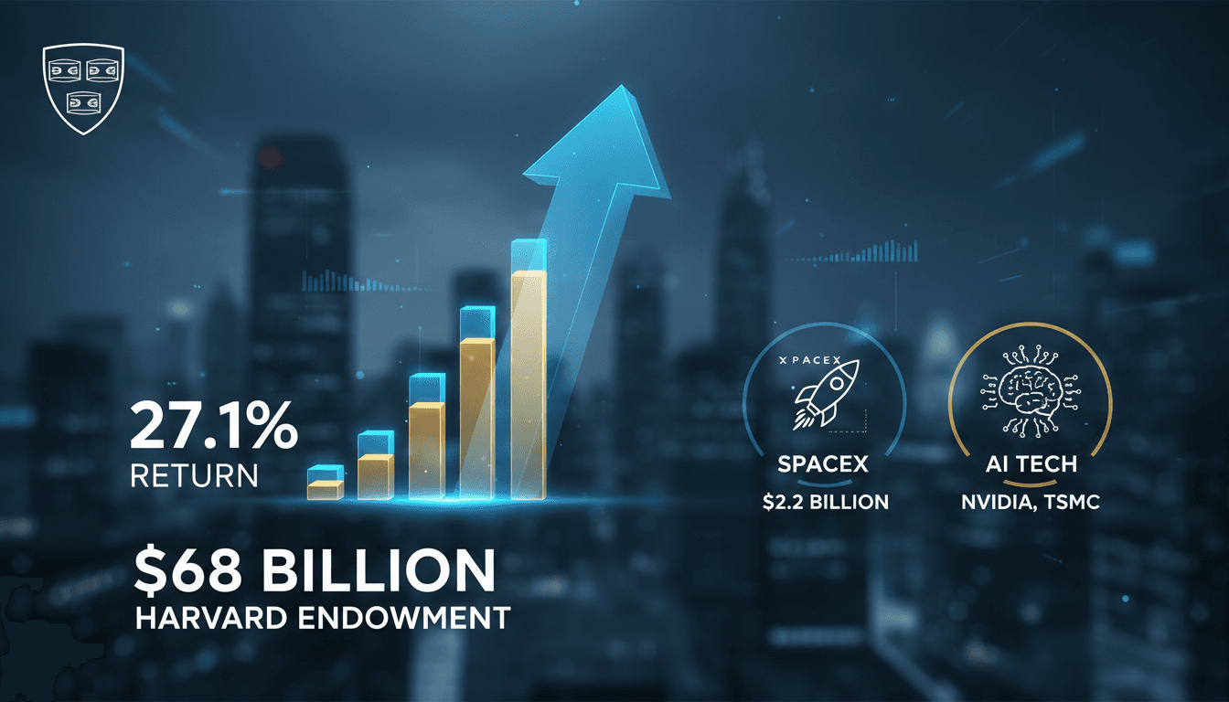 Infographic showing Harvard's endowment growth and key investments in SpaceX and AI sectors.