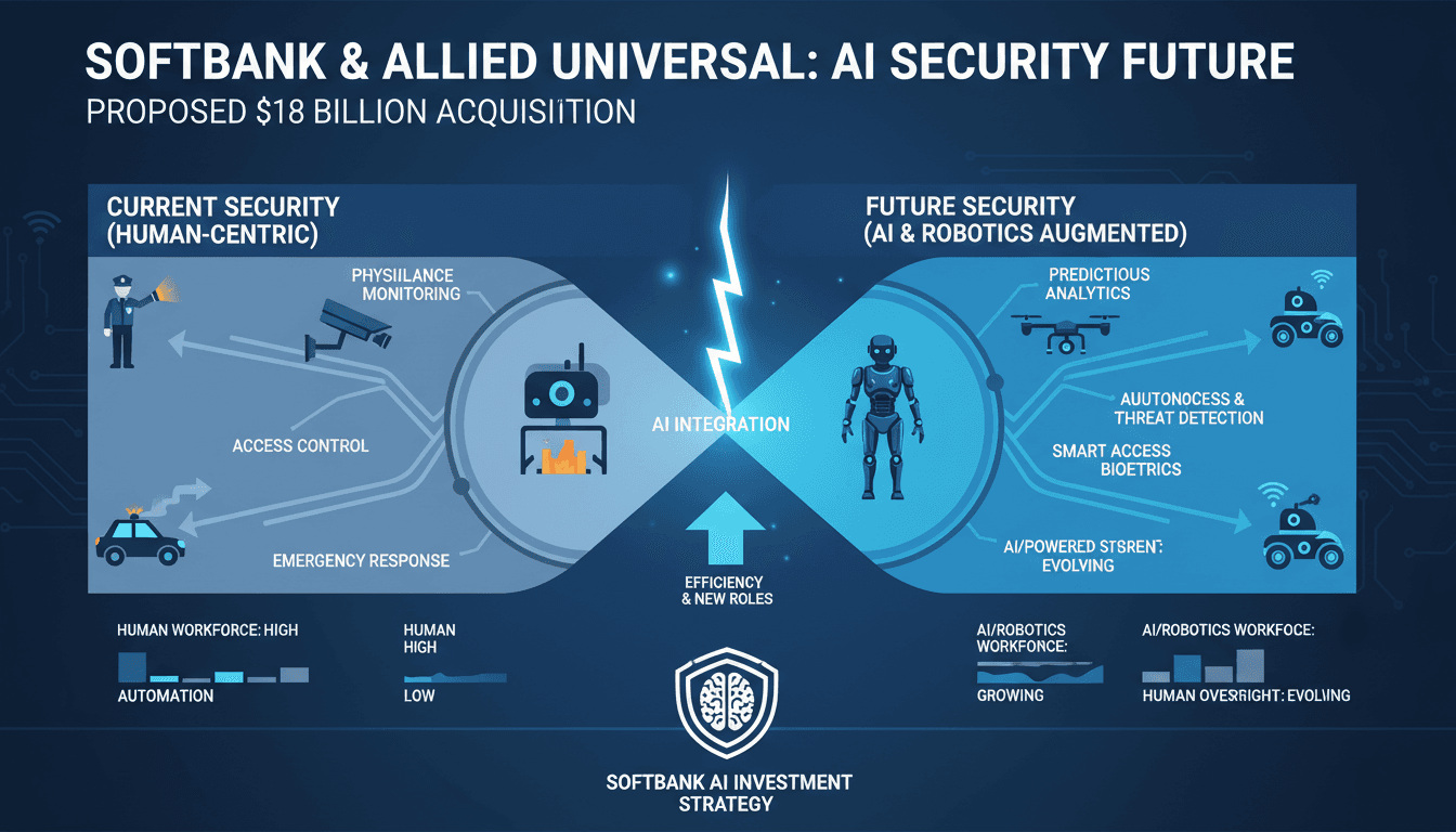 Infographic showing the impact of SoftBank's acquisition of Allied Universal on the security sector and job roles.