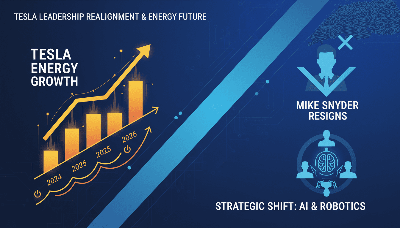 A graphic illustrating Tesla's energy growth and leadership changes, highlighting Mike Snyder's departure.