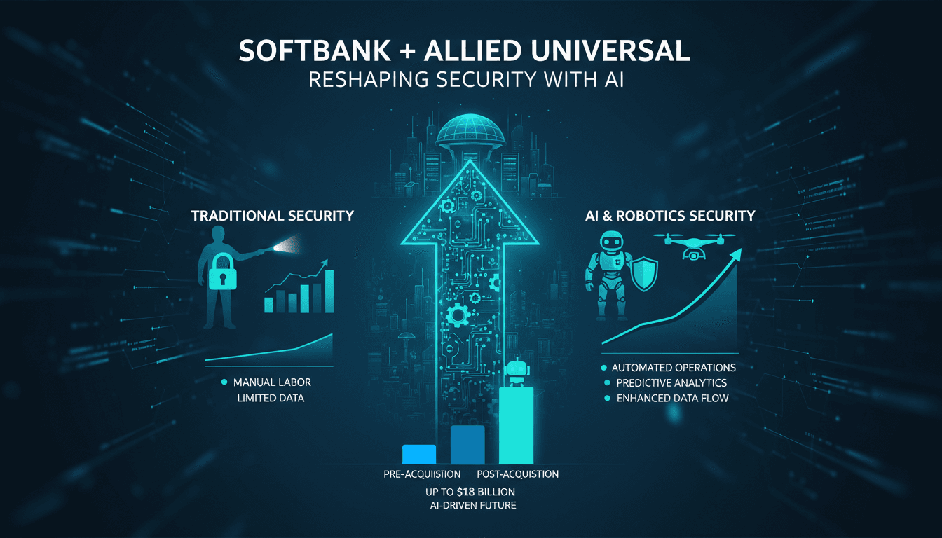 Infographic showing the impact of SoftBank's acquisition on the security services industry with AI and robotics integration.