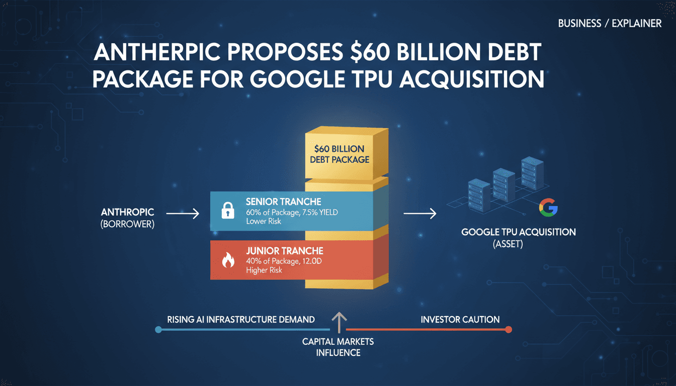 Infographic showing Anthropic's $60 billion debt package structure and yields for AI chip procurement.
