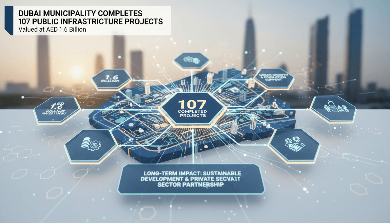 Infographic showing Dubai's 107 completed public infrastructure projects and their benefits.