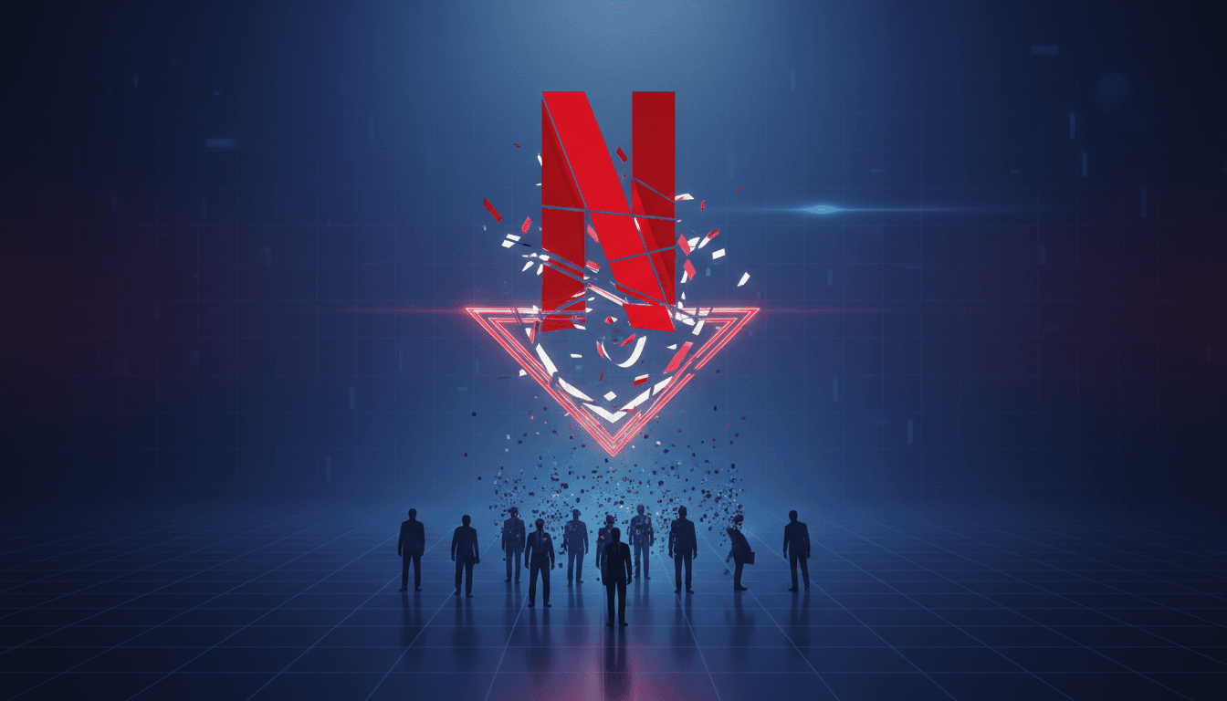 A graphic showing the Netflix logo with a downward arrow, representing leadership changes and layoffs.
