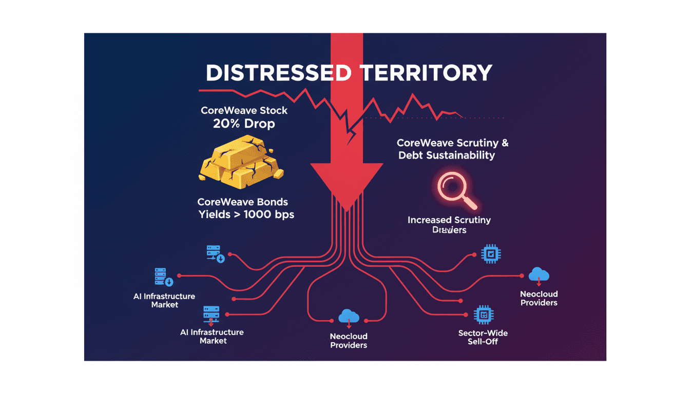 Infographic showing CoreWeave's debt levels and stock performance, highlighting risks in AI infrastructure financing.
