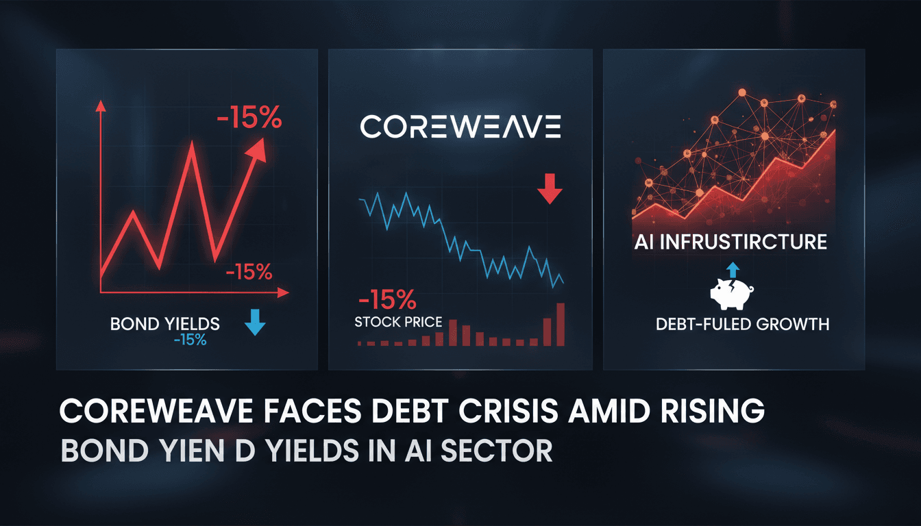 A visual representation of CoreWeave's bond yield surge and stock price decline, highlighting vulnerabilities in neocloud financing.