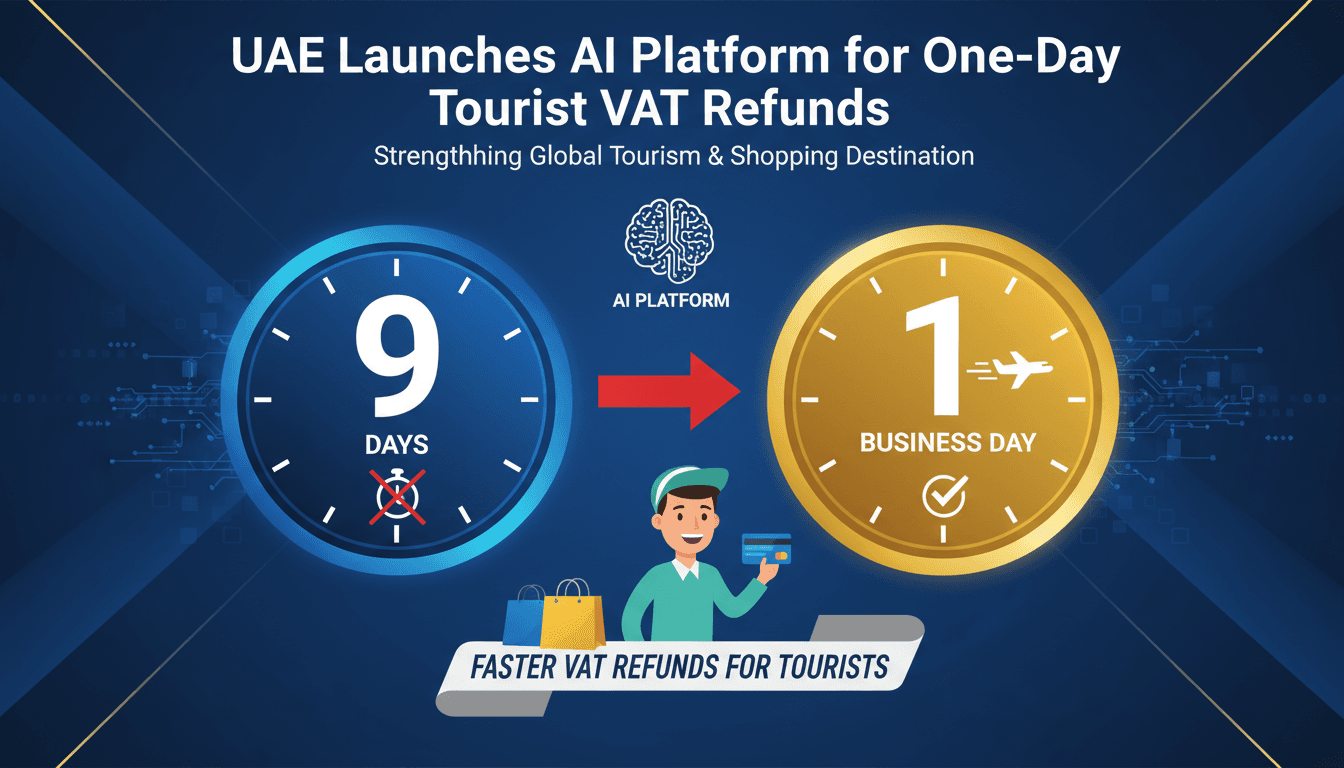 Infographic showing the reduction of VAT refund processing time for tourists in the UAE from nine days to one day.