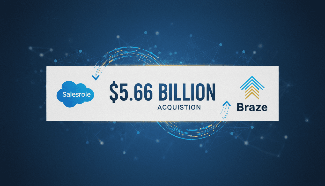 Graphic showing Salesforce and Braze logos with the acquisition amount of $5.66 billion prominently displayed.