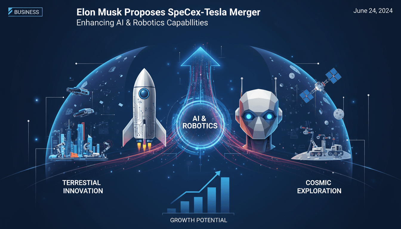 Elon Musk discussing the potential merger between SpaceX and Tesla, focusing on AI and robotics advancements.