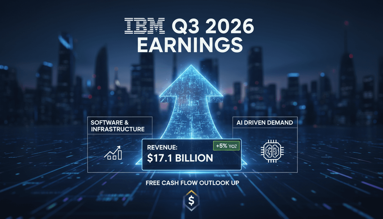 Infographic displaying IBM's Q3 2026 earnings, highlighting revenue growth and financial metrics.