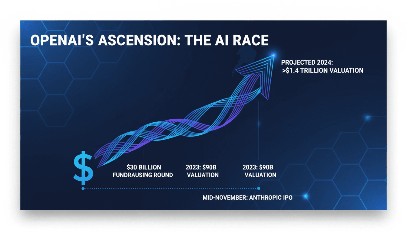 Infographic illustrating OpenAI's funding efforts and valuation increase in the competitive AI landscape.
