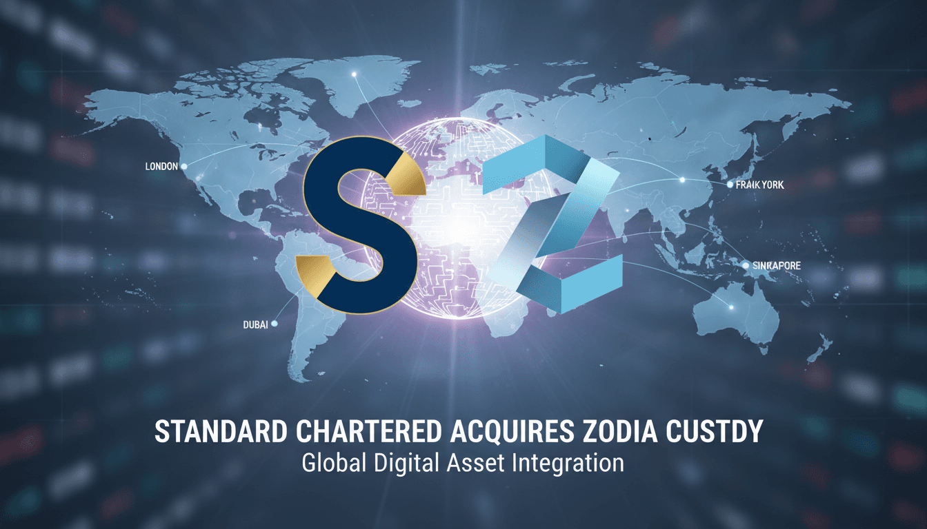 A global map highlighting Standard Chartered's acquisition of Zodia Custody and its operational reach.