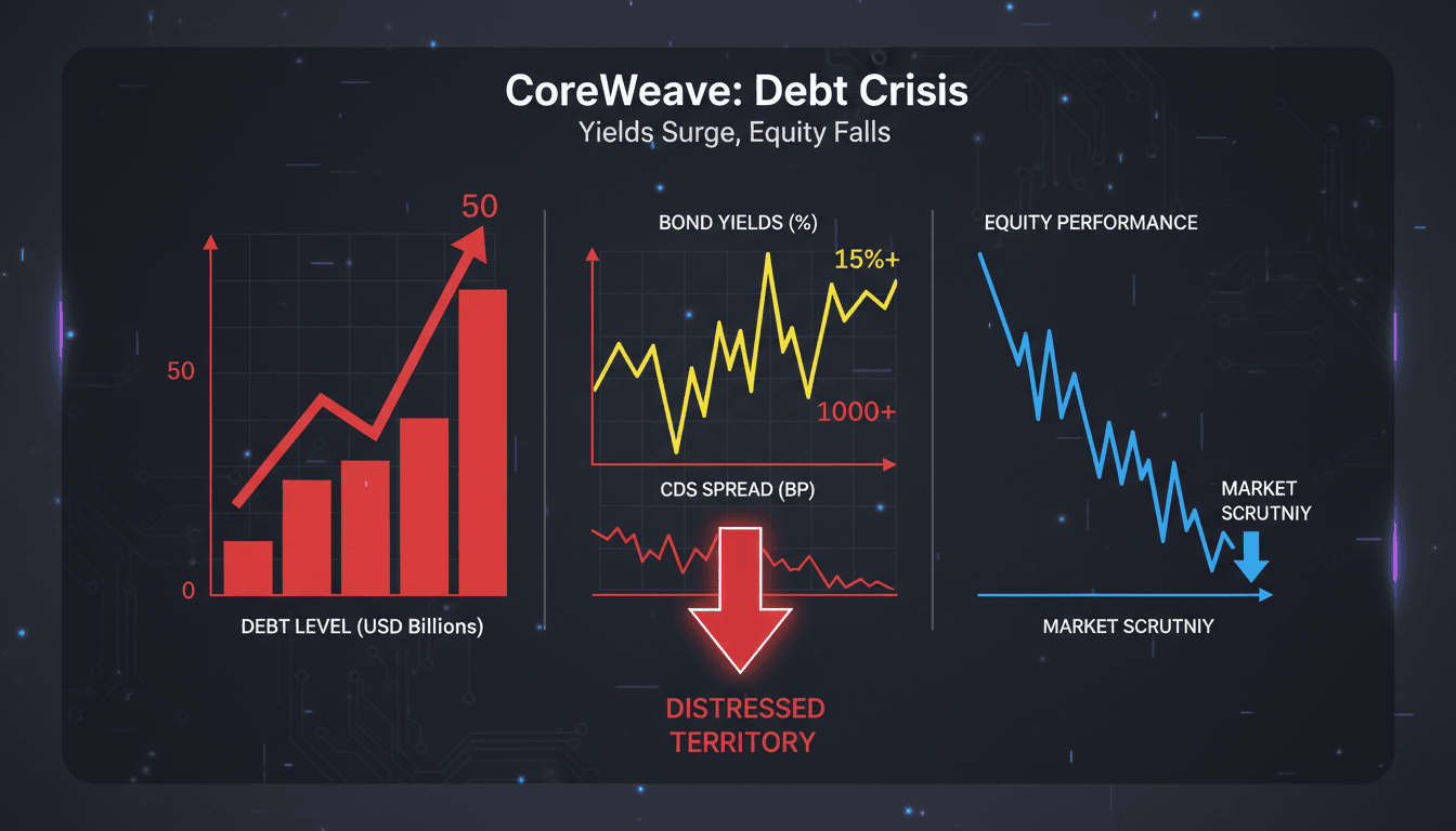 A graph illustrating CoreWeave's debt levels and bond yields, highlighting vulnerabilities in AI infrastructure financing.