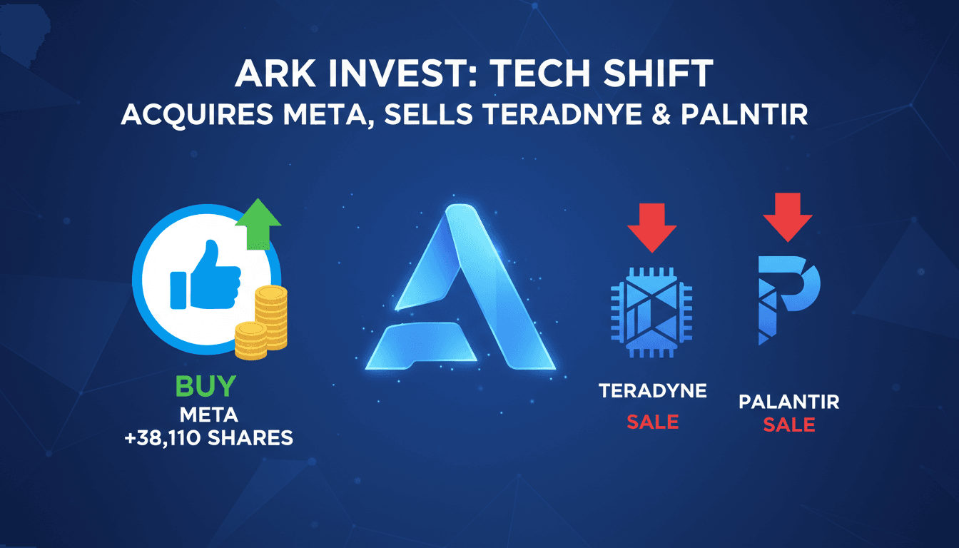 A graphic illustrating ARK Invest's recent stock trades, featuring Meta Platforms prominently.
