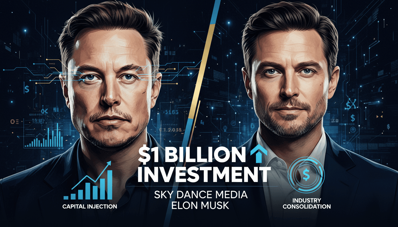 Elon Musk and David Ellison discussing the $1 billion investment in Skydance Media, with financial graphics in the background.