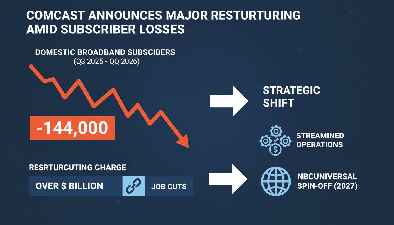 Infographic illustrating Comcast's broadband subscriber losses and restructuring efforts.