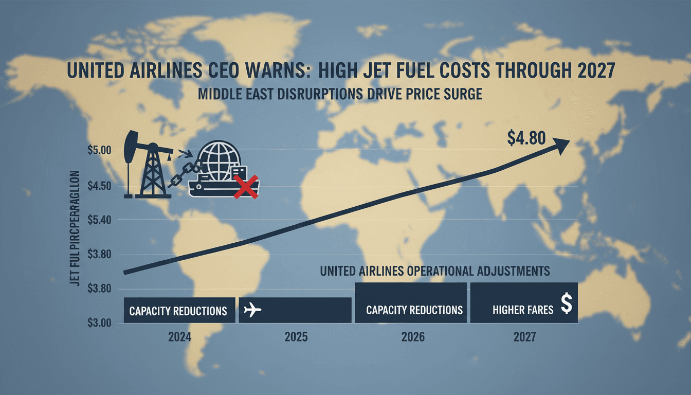 Infographic showing projected jet fuel prices and United Airlines' operational changes due to rising costs.