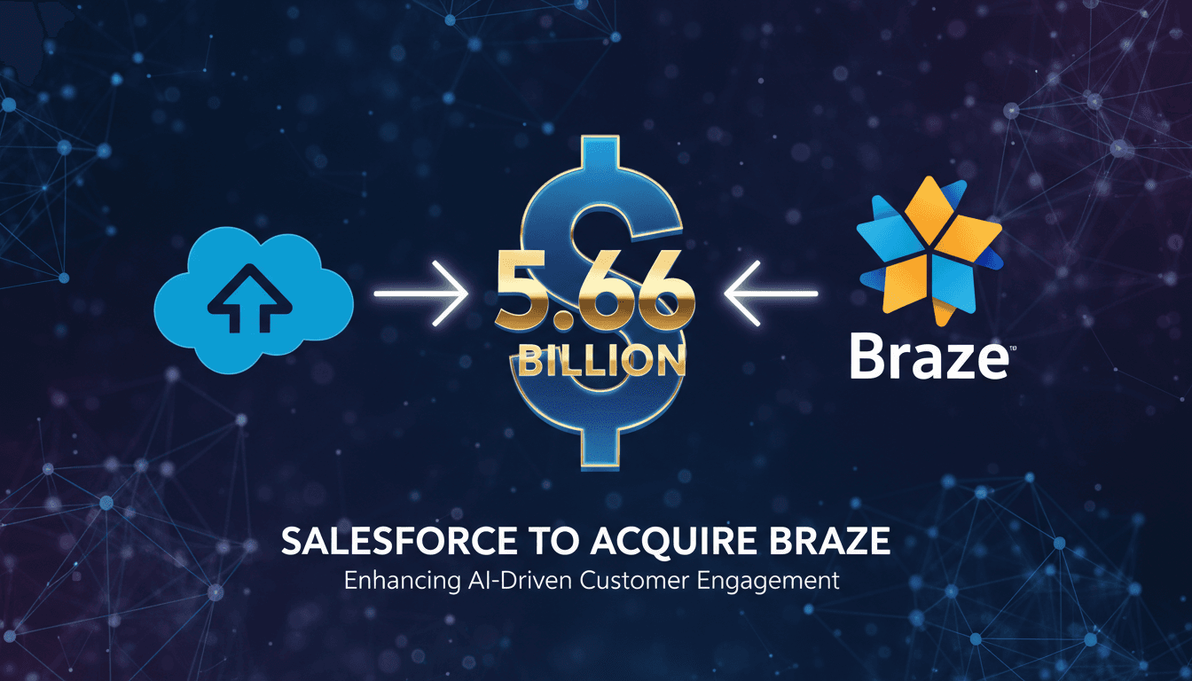 Salesforce and Braze logos with the $5.66 billion acquisition figure highlighted.